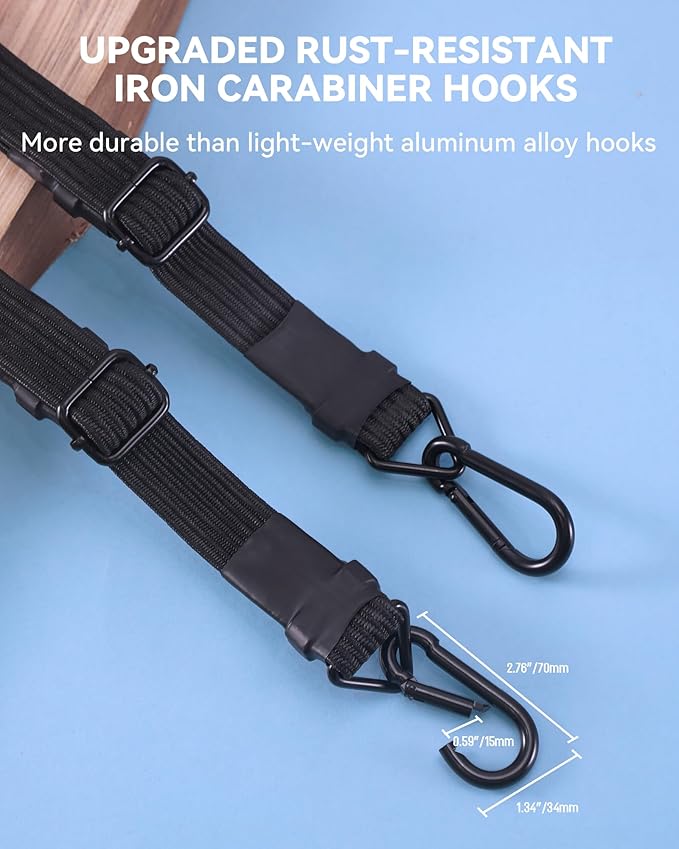 60 Inch Adjustable Carabiner Bungee Cords with 190 Lbs Max Break Strength - Adjust from 35" to 60" - Heavy Duty Flat Carabiner Bungee Straps with Upgraded Hooks for Tents, Cargo, Luggage, etc (4 Pcs)