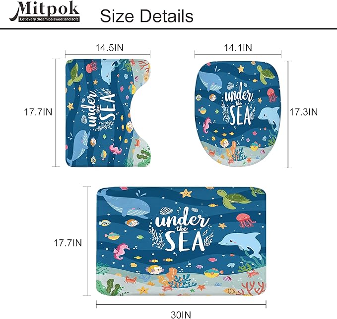 4 PCS Kids Shower Curtain Set 72Wx72H Ocean Bathroom Set Underwater Summer Kid Fish Cute Whale Sea Animal Funny Bath Rug Toilet Lid Cover U Shape Mat Accessories 12 Hooks Bathroom Decors