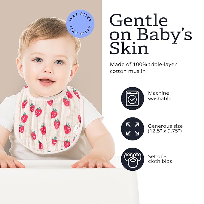 Itzy Ritzy Set of 3 Baby Bibs - Ultra-Soft Adjustable Infant & Toddler Bibs Made of Triple-Layer Cotton Muslin, Ideal for Drooling, Teething, & Eating - 3 Stylish, Coordinating Prints (Strawberry)