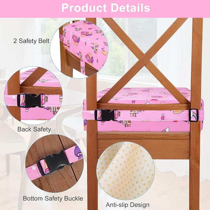 Toddler Booster Seat for Kitchen Chair Dining Table, Washable Thick Strong Support Portable Booster Chair for Toddlers Eating, Easy Cleaning Booster Seat Cushion Detachable with Adjustable Straps