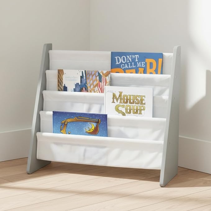 Humble Crew 4-Tier Kids Bookshelf, Grey Wood/White - Premium Book Shelf for Kids Rooms with Four Deep Pockets - Toddler Sling Book Rack with Deep Sleeves, Nursery Bookcase Organizer
