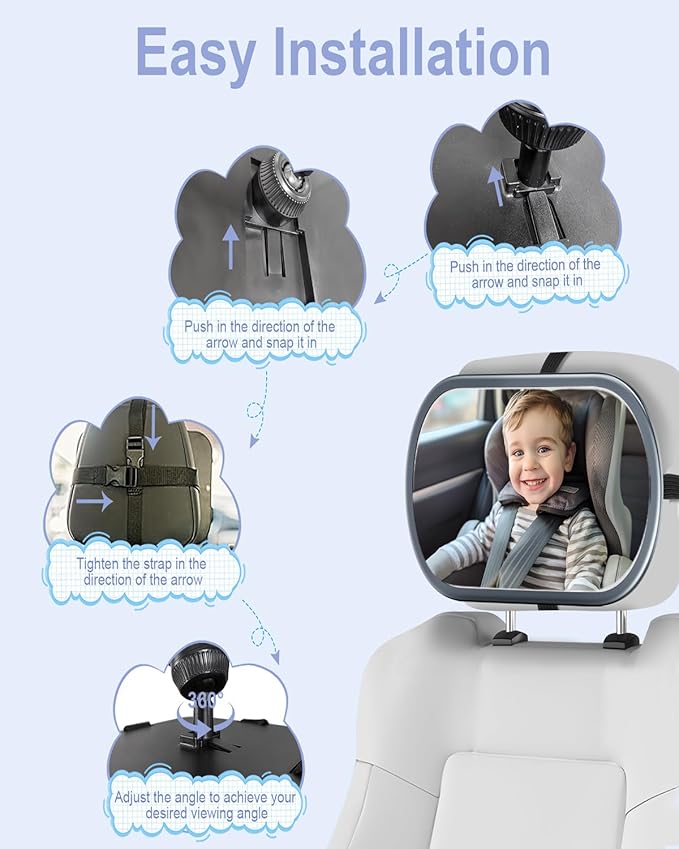 Baby Car Mirror for Backseat - Rear Facing Car Seat Mirror Safety for Infant Newborn - Easily Observe the Baby Move,Clear Wide View,360°Rotation, Secure, Shatterproof - Grey