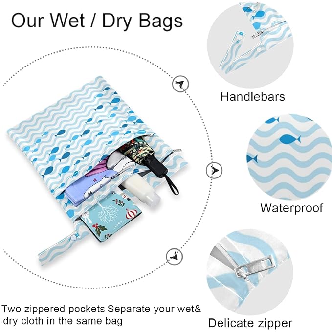 visesunny Blue Fish Sea Waves 2Pcs Wet Bag with Zippered Pockets Washable Reusable Roomy for Travel,Beach,Pool,Daycare,Stroller,Diapers,Dirty Gym Clothes, Wet Swimsuits, Toiletries