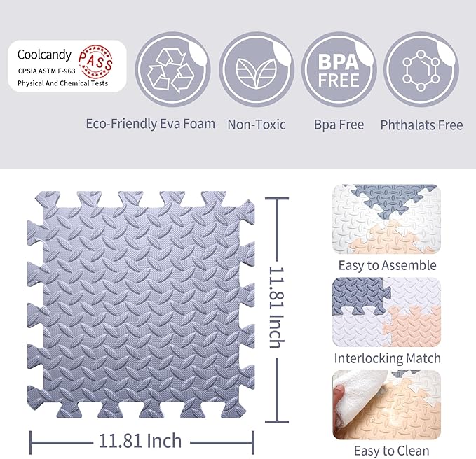 Coolcandy Baby Foam Play Mat 16Pcs with Edge Strips, 4 Colors Interlocking Floor Tiles, 0.4″ Thickened Non-Slip Puzzle Floor Mat for Infants Toddlers Playroom & Daycare