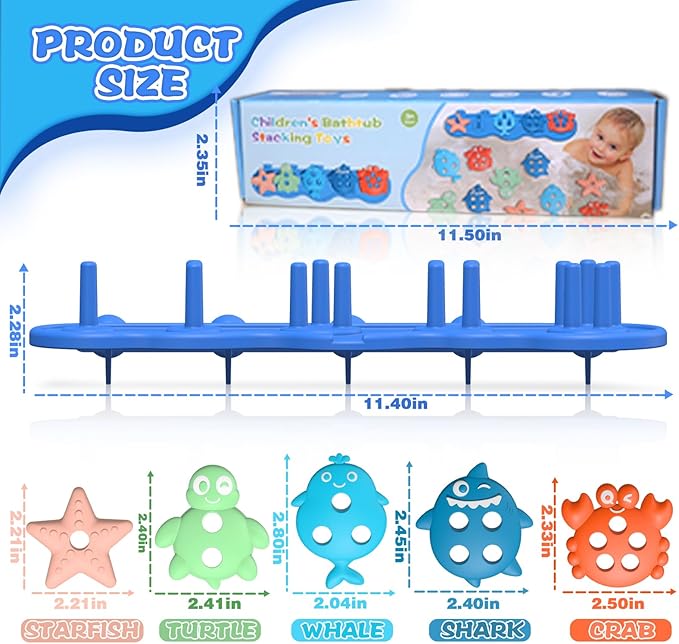 Baby Bath Toys, Premium Silicone Mold Free Ocean Animal Shape Sorting & Stacking Toddlers Bath Toys, No Hole Bathtub Floating Toys Gift for Boys Girls, Early Learning Sensory Water Toys, Bathtime Fun