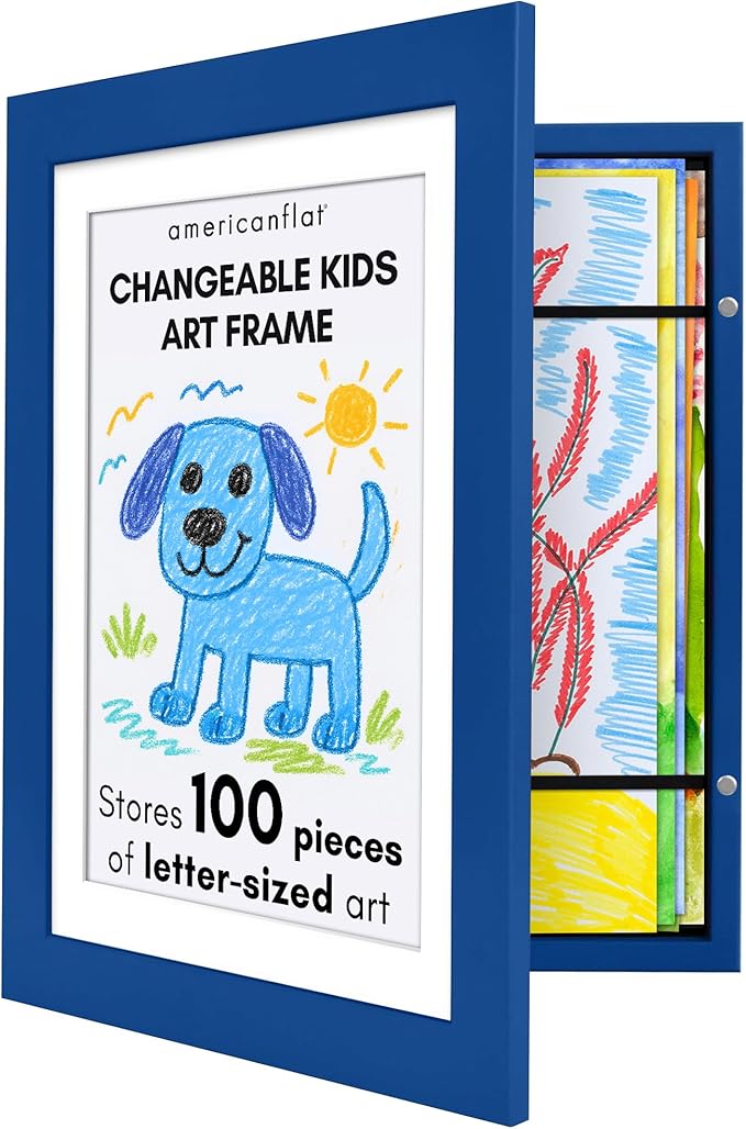 Americanflat Kids Artwork Frame Changeable (Sapphire Blue) - Magnetic Door Holds 100 Art Pieces - 8.5x11 Letter Size Display with Mat or 10x12.5 Without Mat - My Mini Masterpiece