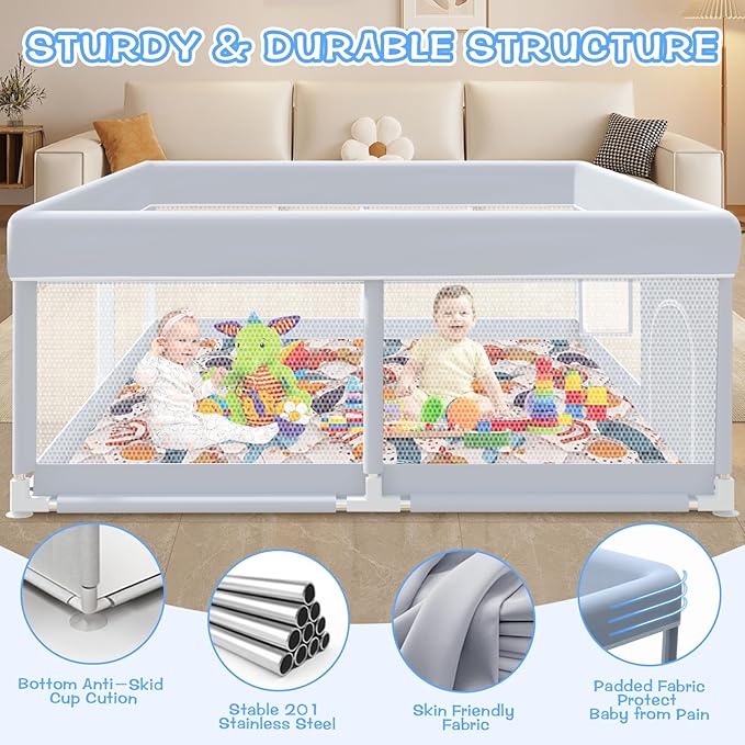Baby Playpen with Mat, 65 x 50 Inch Play Pen Playards, Playpen for Babies and Toddlers, Baby Playard for Indoor & Outdoor Active Center Game Fence, Skin-Friendly Fabric and Soft Breathable Mesh