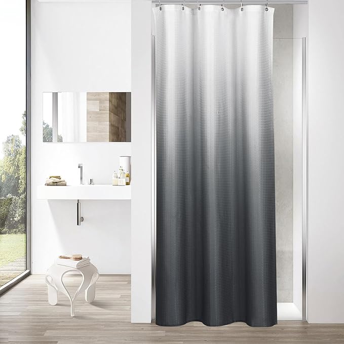 MitoVilla Grey Ombre Waffle Small Stall Shower Curtain 36 x 72, Half Size Fabric Narrow Shower Curtains for Bathroom Decor, 36 inch Weighted Shower Curtain Set with Plastic Hooks