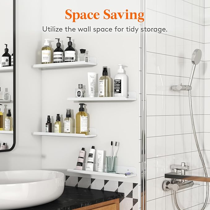 Lifewit Floating Shelves for Bathroom, 15" Clear Wall Organizer for Makeup, Perfume, Figures, Photo, Decor Shelf for Nursery, Living Room, Bedroom, Kitchen, Over Toilet Storage Rack, White, 8 Pack
