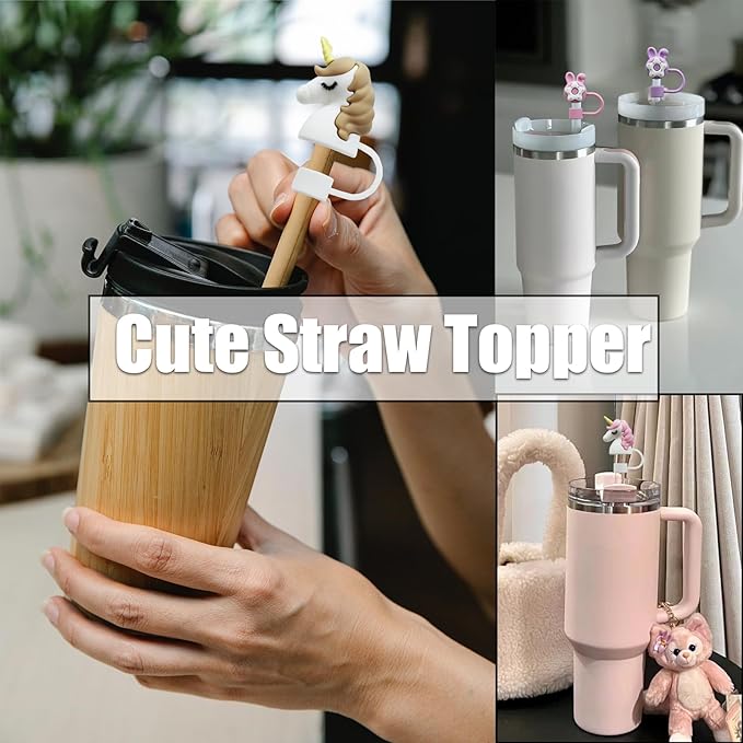 8Pcs Cute 10mm Animals Straw Covers Cap for Stanley Cup,Silicone Straw Toppers Compatible with Stanley 30&40 Oz Tumblers with Handle, Dust-Proof Reusable Lids Tumbler Cup Accessories
