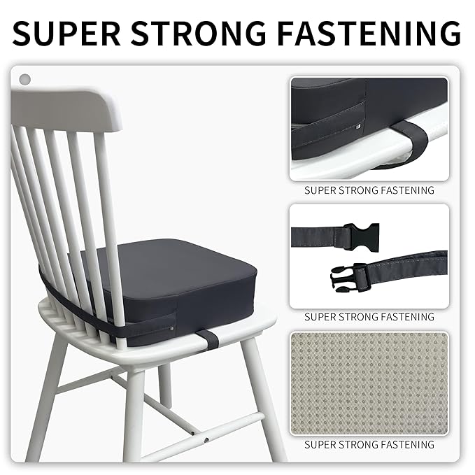 Toddler Booster Seat for Dining Table, Waterproof Kids Booster Seat for Kitchen Chair, High Density Foam Cushion with Non-Slip Bottom, Washable Cover & Adjustable Straps (Dark Grey)