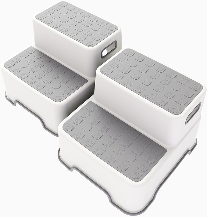 ZLMHYYM Toddler Step Stool for Bathroom Sink, 2 Pack Step Stool for Kids, Plastic Potty Training Toilet Stepping Stools, Child and Baby Lightweight&No-Slip Two Step Stools for Kitchen(Off-White/Gray)