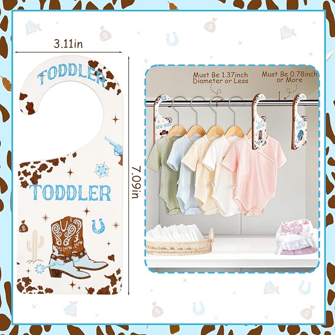 Baby Closet Dividers 8PCS, Western Cowboy Theme Wooden Double-Sided Clothes Size Hanger Organizer from Newborn to Toddler for Nursery Decor Baby Shower Birthday Gift