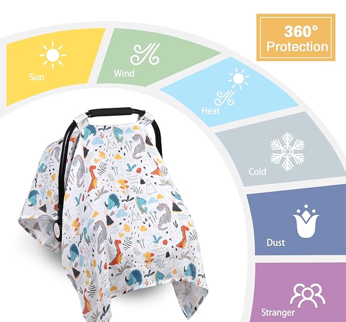 Metplus Car Seat Cover Baby boy, 100% Muslin Cotton Infant Carseat Covers, Lightweight Breathable Car Seat Canopy, Summer Stroller Sun Shade, Newborn Travel Essentials(Dinosaur Party)