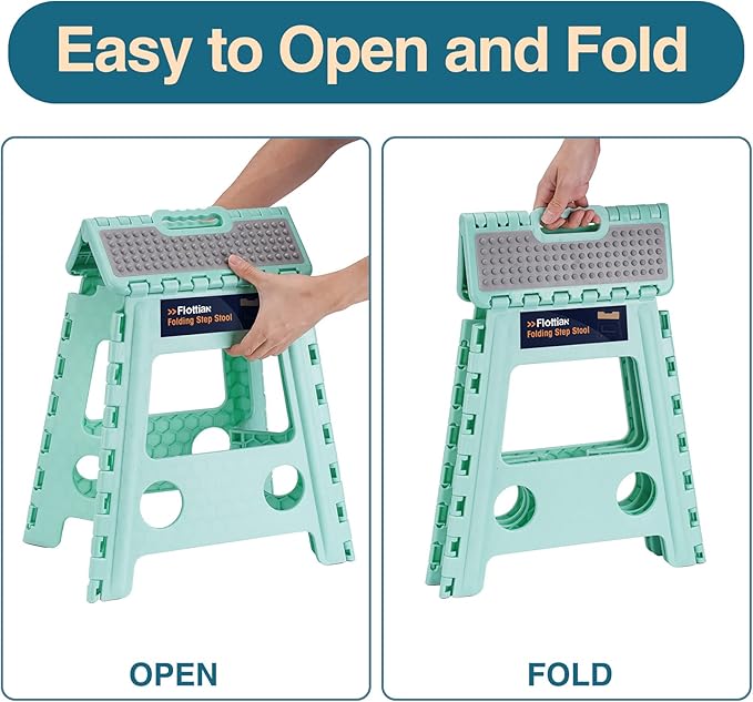 Flottian 16" Folding Step Stool for Adults and Kids Holds Up to 300 lbs,Non-Slip Folding Stools with Handle, Compact Plastic Foldable Step Stool for Bathroom,Bedroom, Kitchen, Teal,1PC