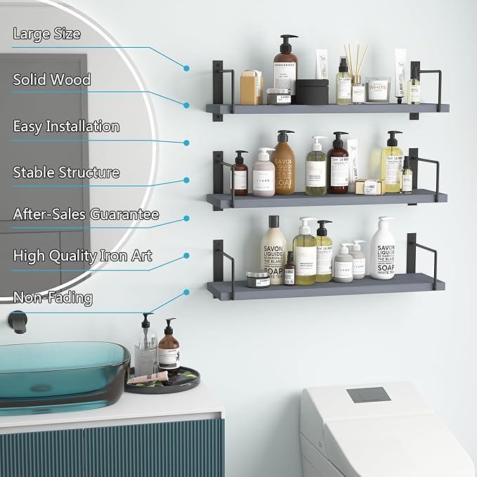Floating Shelves - 24 Inch Wall Mounted Set of 3, Rustic Wood Storage Shelves for Living Room (Grey)