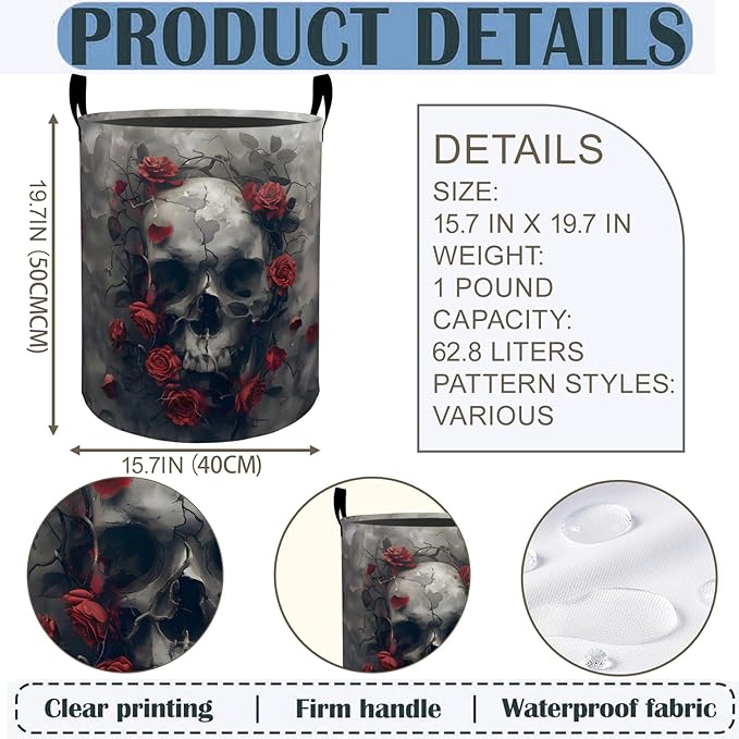 Skull Rose Laundry Basket Hamper 19.7"x15.8", Gothic Foldable Waterproof Oxford Clothes Storage Bucket for Room Bathroom Bedroom Nursery Decor, Toy Organizer Bins Gifts for Kids Boys Girls