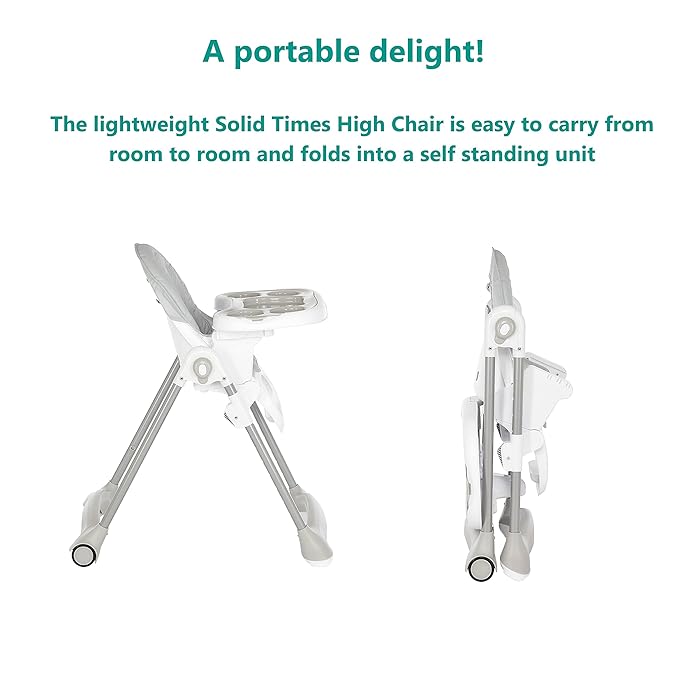 Dream On Me Solid Times High Chair for Babies and Toddlers in Grey, Multiple Recline and Height Positions, Lightweight Portable Baby High Chair, 5 point Safety Harness, Easy to Clean Surface
