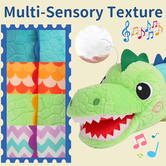 Baby Sensory Green Dinosaur Plush Musical Rattle Toy with Rustling Sounds for Infant 0-6 Months, Tummy Time Sensory Toys for 3-12 Month Old Newborn