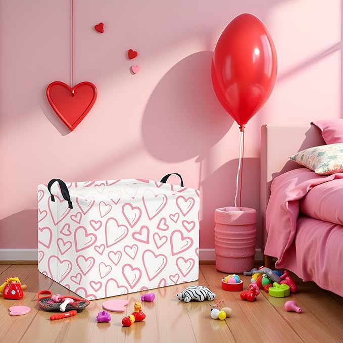 TIBAOLOVER Rectangular Valentines Basket for Home Kitchen Girls Cute Kids Storage Bin Organizer Shelf Book Room Decor(Pink Line Hearts)