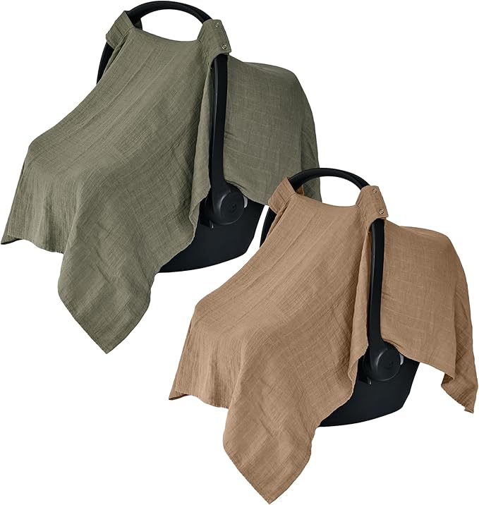 Car Seat Cover Baby - Organic Muslin Cotton - Carseat Canopy - 43" x 32" 2-Pack (Sage Green/Natural)