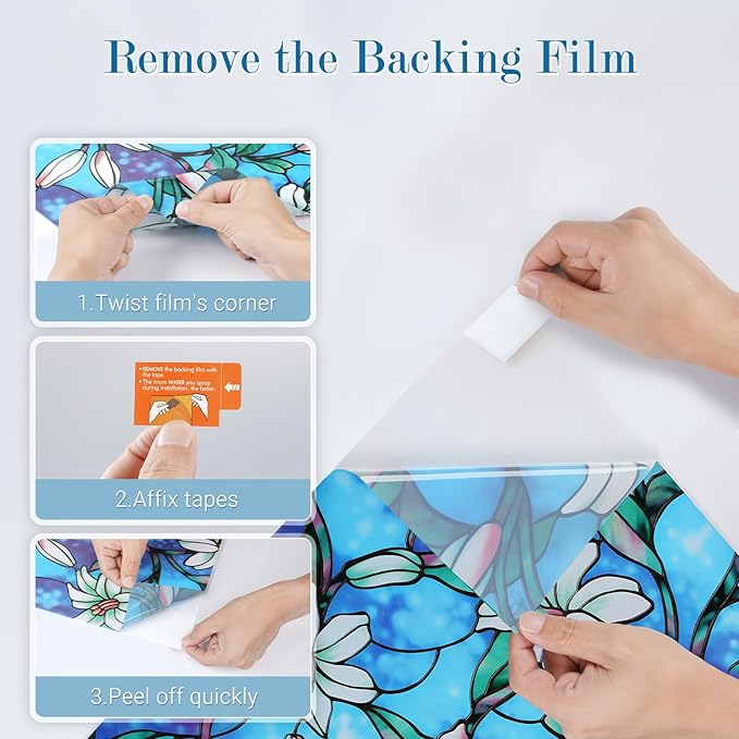 rabbitgoo Stained Glass Window Film, Anti UV Heat Blocking Privacy Film for Glass Window Door Covering, Static Cling Removable Decorative Privacy Sticker for Bathroom, Blue Lily, 23.6 x 118.1 Inches