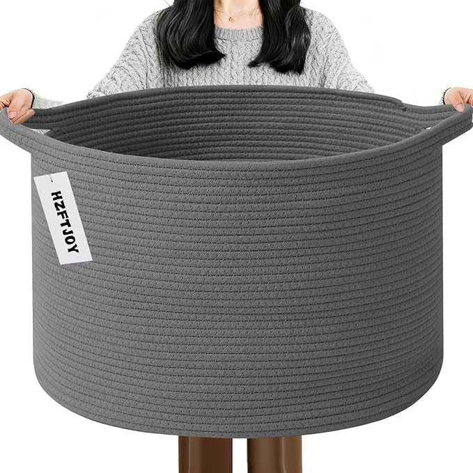 Large Storage Basket with Handle,19.7" L x 19.7" W x 13" H Blanket Basket Storage Bins for Organizing,65L Cotton Rope Woven Baskets for Living Room, Nursery,Bedroom,Dark Gry