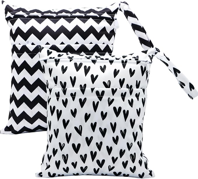 Asenappy 2pcs Cloth Diaper Wet Dry Bags Waterproof Reusable with Two Zippered Pockets Travel Beach Pool Daycare Soiled Baby Items Yoga Gym Bag for Swimsuits or Wet Clothes (BLACK HEART)