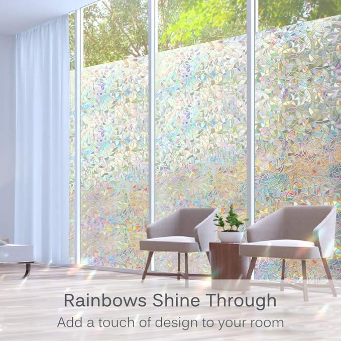 Volcanics Window Privacy Film with Installation Tools, Static Window Clings Vinyl 3D Decals Stickers Rainbow Window Film for Glass Door Home Heat Control Anti UV 23.6 x 78.7 Inches