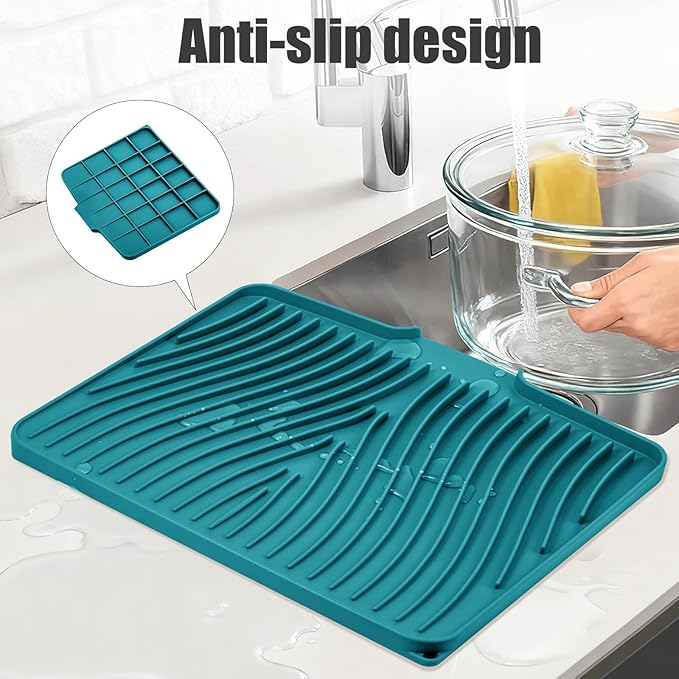 Silicone Dish Drying Mat for Kitchen Counter, Dish Drying Pad, Non-Slip Drain Pad with Built-in Drain, Heat Resistant Stone Drying Mat(16" x 12", Green)