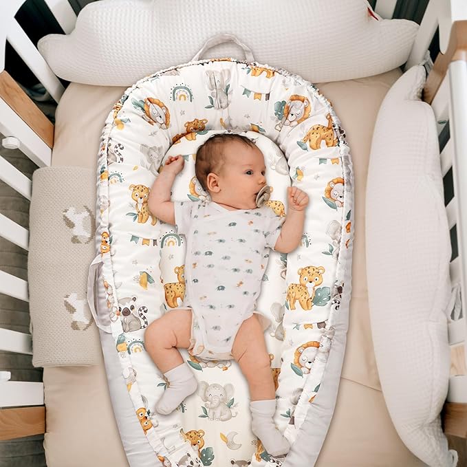 Jundetye Baby Lounger Cover for Boys Girls, Reversible Baby Nest Cover, Adjustable Baby Lounger Replaceable Cover for Infant Newborn, Portable and Machine Washable, Cotton Gray Elephant Cover Only