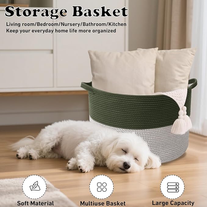 Large Storage Basket with Handle,19.7" L x 19.7" W x 13" H Blanket Basket Storage Bins for Organizing,65L Cotton Rope Woven Baskets for Living Room, Nursery,Bedroom,Green&White
