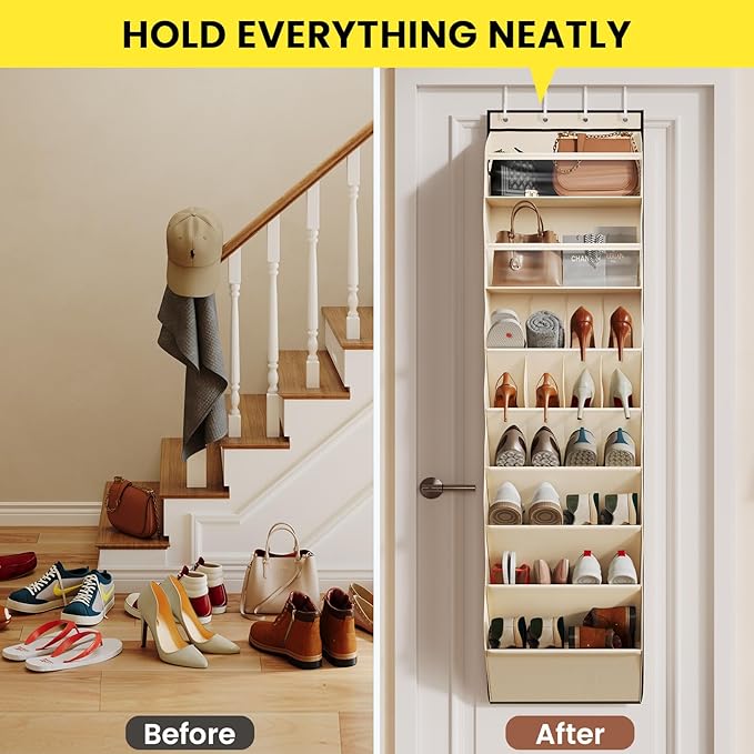Mefirt 8 Tier Clear Over the Door Shoe Organizer with Deep Pockets, Door Shoes Rack with hard Cardboard and Tubes to Keep the Shape, Hanging Shoe Rack for Closet Organizers, Shoe Holder Beige