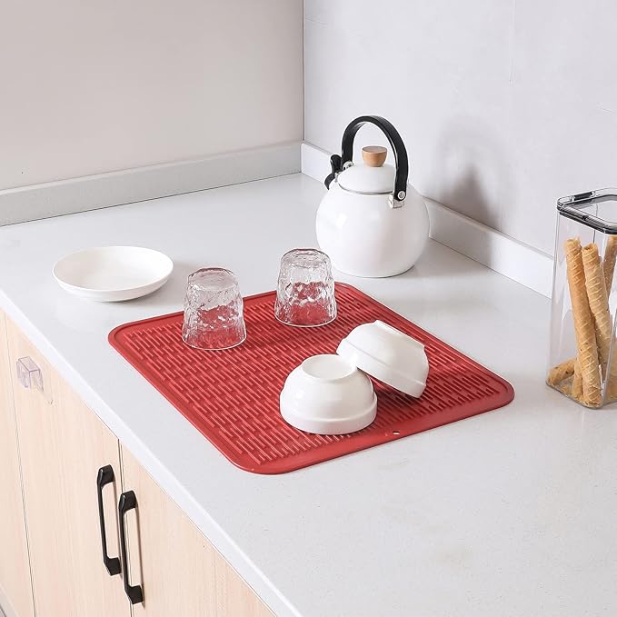 MicoYang Silicone Dish Drying Mat for Multiple Usage,Easy clean,Eco-friendly,Heat-resistant Silicone Mat for Kitchen Counter or Sink,Refrigerator or Drawer Liner Red XL 18 inches x 16 inches