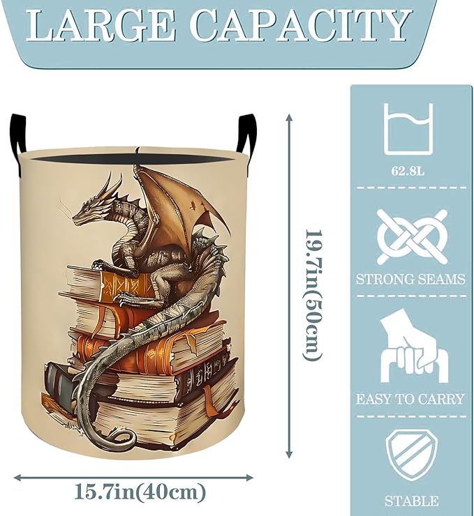 VODRM Vintage Dragon Book Fantasy Laundry Basket, Dirty Collapsible Clothes Toy Organizer Hamper for Kids Adults, Oxford Cloth Waterproof Storage Bin for Bathroom Mythical Decor Gifts, 19.7"X15.7"