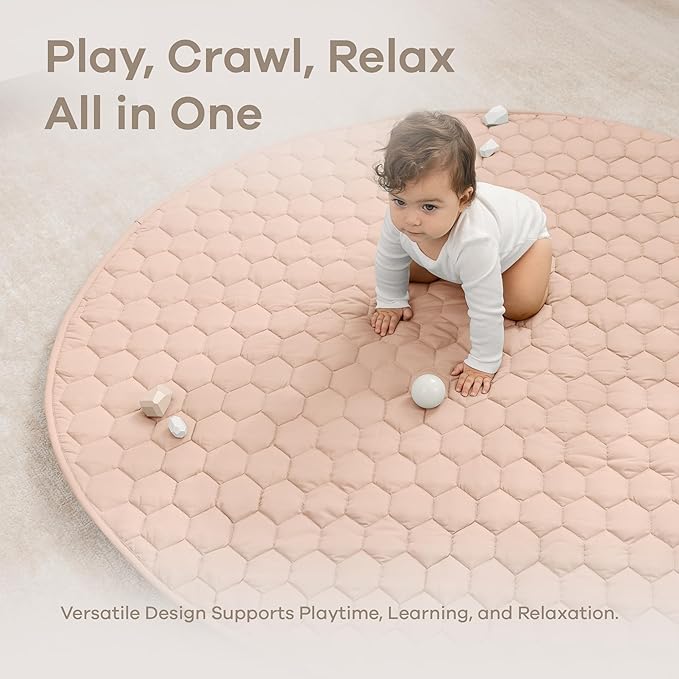Comfy Cubs Round Kids Play Mat - Large 60 inches Soft Quilted Baby Floor Mat with Non-Slip Bottom - Plush Design for Toddlers' Playtime - Comfortable and Durable - Blush