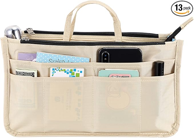 BTSKY Printing Handbag Organizers Inside Purse Insert - High Capacity 13 Pockets Bag Tote Organizer with Handle Beige