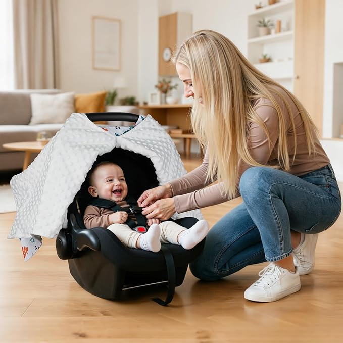 Rquite Car Seat Cover Baby, Carseat Covers Baby Girl, Winter Infant Car Seat Cover, Warm Minky Car Seat Canopy, Baby Carrier Cover with Peekaboo Opening, Multi Use Nursing Cover & Toddler Blanket