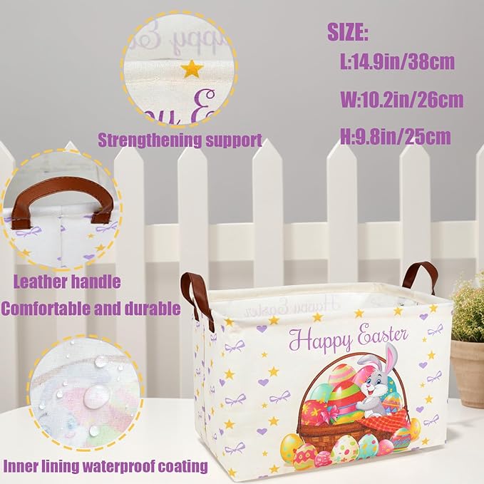 ASKETAM Easter Basket for Kid Large Empty Baby Rectangular Cute Easter Gift Storage Basket Bunny Eggs Décor (Rabbit Purple Bow Tie)