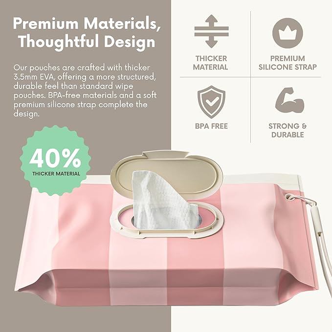 Moodie NEW 3 PACK Baby Wipes Holder | Refillable Wipes Container w/DOUBLE-LOCK SEAL |Travel Wipe Case | Portable Wipe Dispenser for Diaper Bag w Silicone Strap | Reusable Wipes Pouch (ROSIE PINK)