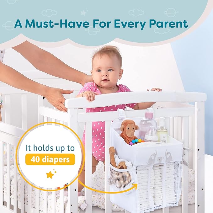 Hanging Diaper Caddy Baby Organizer - Diaper Caddy Organizer Baby Essentials for Newborn Nursery - Holds 50+ Diapers - 17x9x9 Inches, White