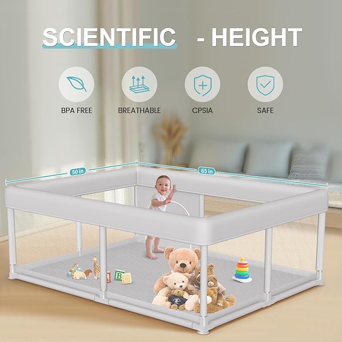Large Baby Playpen 65x50 Inch, PlayPen for Babies and Toddlers, Sturdy Safety Play Yard for Indoor & Outdoor with Zipper Gate