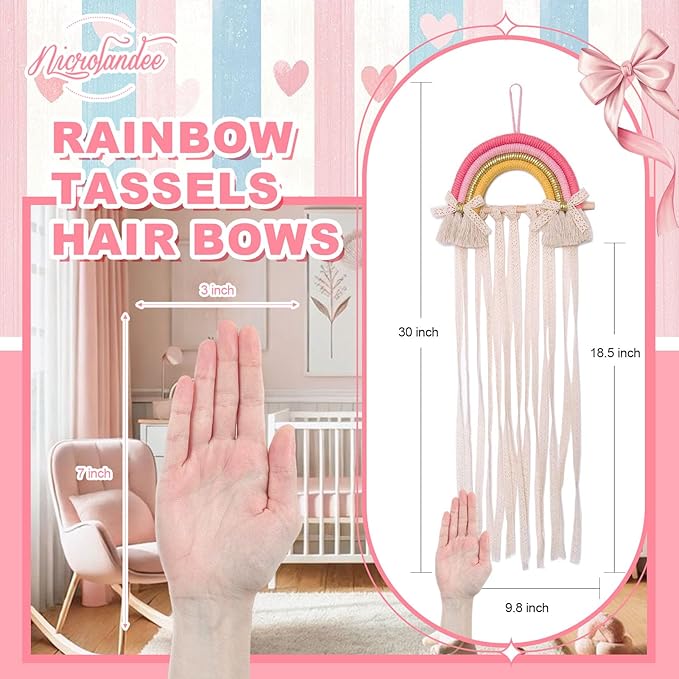 NICROLANDEE Rainbow Tassels Hair Bows Holder Hanging - Baby Hair Accessories Storage Bow Organizer Wall Hanger Decor for Baby Girls Wall Hanging Decor for Girls Room Ornament (Pink Yellow)