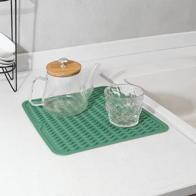 MicoYang Silicone Dish Drying Mat for Multiple Usage,Easy clean,Eco-friendly,Heat-resistant Silicone Mat for Kitchen Counter or Sink,Refrigerator or Drawer liner Green M 12 inches x 12 inches