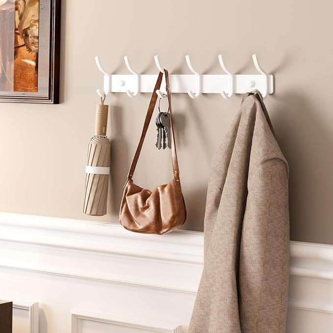White Wall Mounted Coat Rack - 15 Inch Arc Shaped Design with 6 Hooks for Hanging Coats, Bags, and Towels in Entryway, Livingroom, Bedroom, Bathroom, and Kitchen, 2 Pack