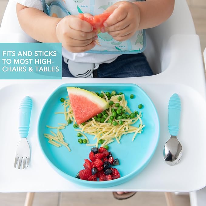Bumkins Toddler and Baby Suction Plate, Silicone Grip Plate for Babies and Kids, Baby Led Weaning, Children Feeding Supplies, Non Skid Sticky Bottom, Platinum Silicone, Ages 6 Months Up, Blue