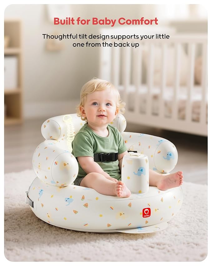 QPAU Inflatable Baby Seat with Safety Harness for Babies 3 Months & Up, Baby Floor Seats for Sitting Up, Baby Seats for Infants, Blow Up Baby Chair with Built in Air Pump (Elephant)