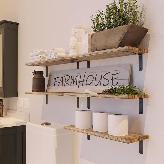 RICHER HOUSE Rustic Wood Shelves Set of 5, Farmhouse Style Floating Shelf for Wall Décor, Hanging Shelves for Bathroom, Bedroom, Storage, Kitchen, Living Room - Carbonized Black