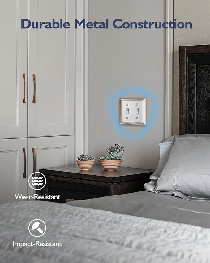 2-Pack Double Toggle Wall Plate, Metal Switch Plate Cover, Satin Nickel Light Switch Cover, Midsize, A031 Series