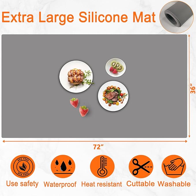 72''x36'' Extra Large Silicone Mat for Kitchen Counter, Heat Resistant Countertop Protector, Non-Slip Waterproof Kitchen Island Mat, Easy to Clean, Semitransparent
